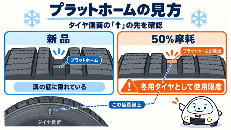 スタッドレスタイヤのプラットホームの見方。新品では溝の中に隠れていて、50%すり減ると現れ、冬用タイヤとしての使用限度になる